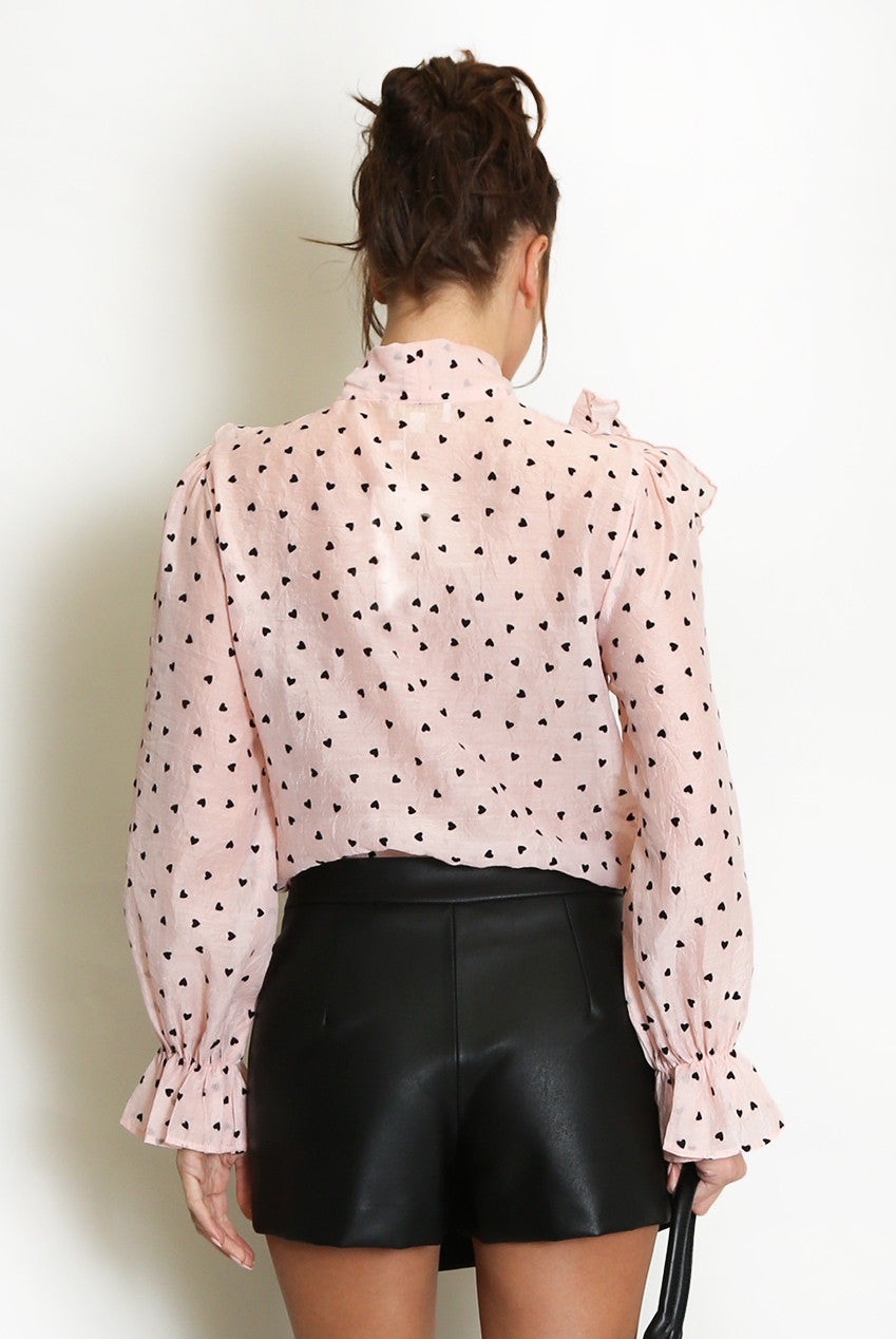 Hearts Print Tie Neck Chiffon Blouse