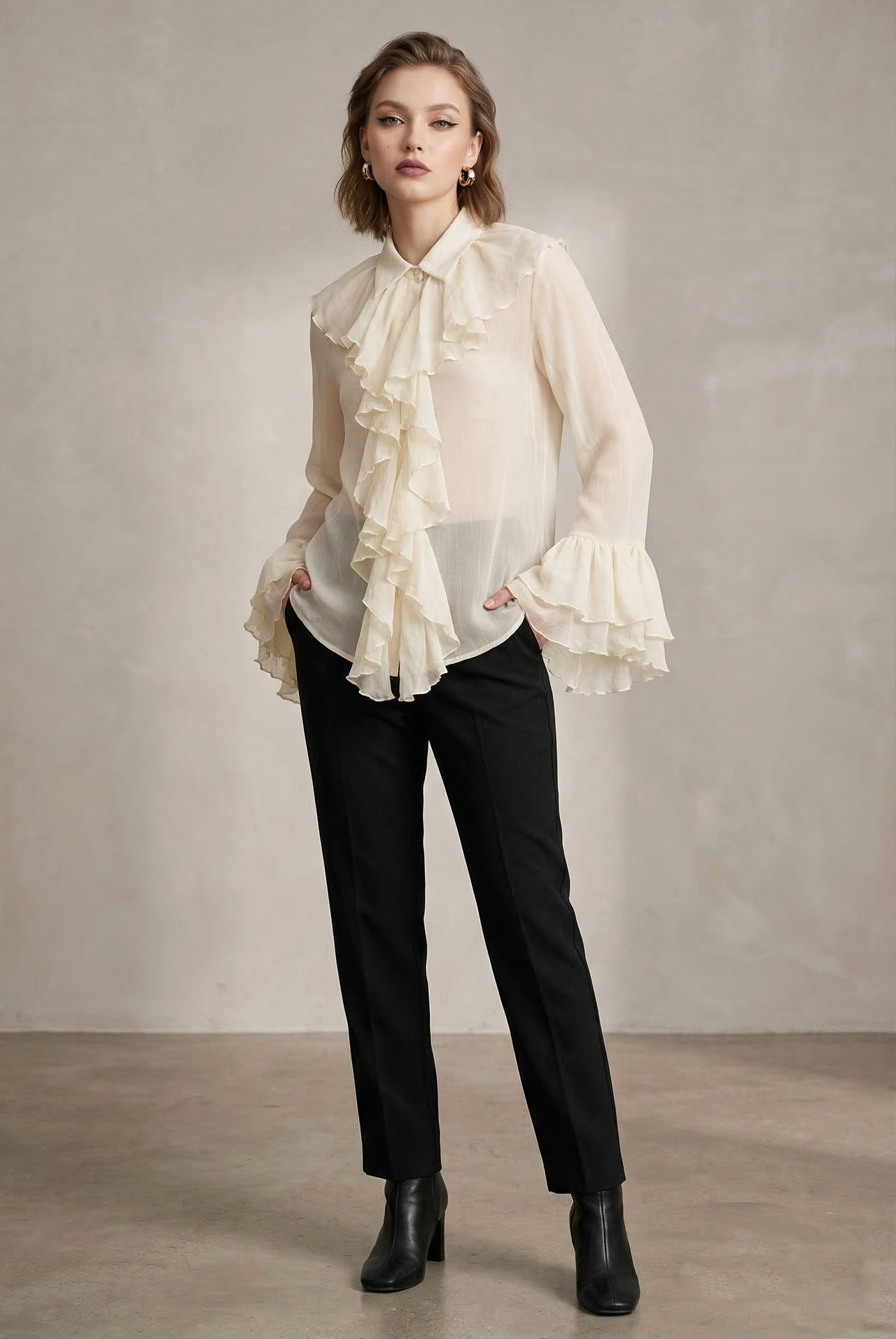 Ruffle Trim Flare Cuffs Blouse