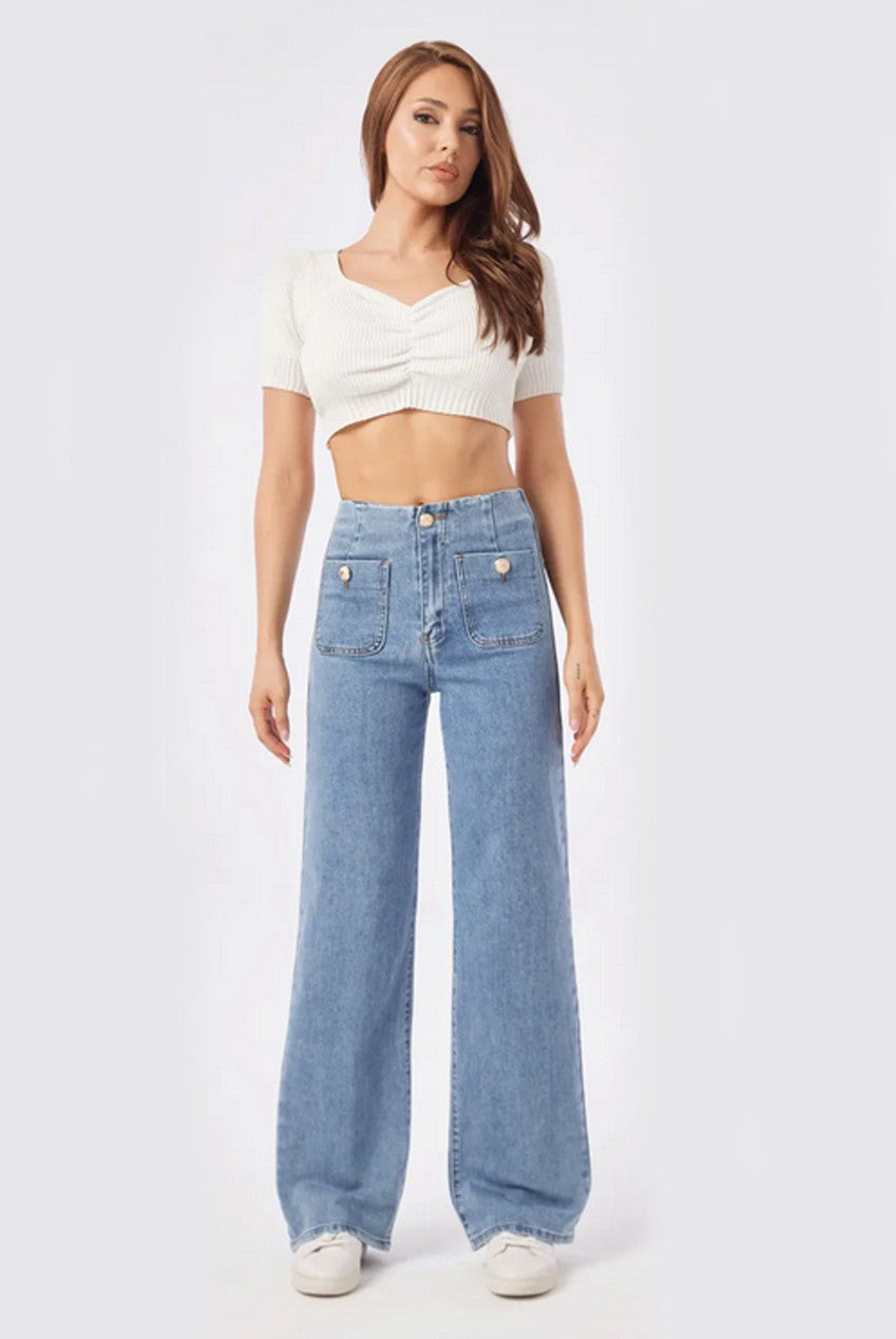 Wide Leg Denim Jeans with Gold Button