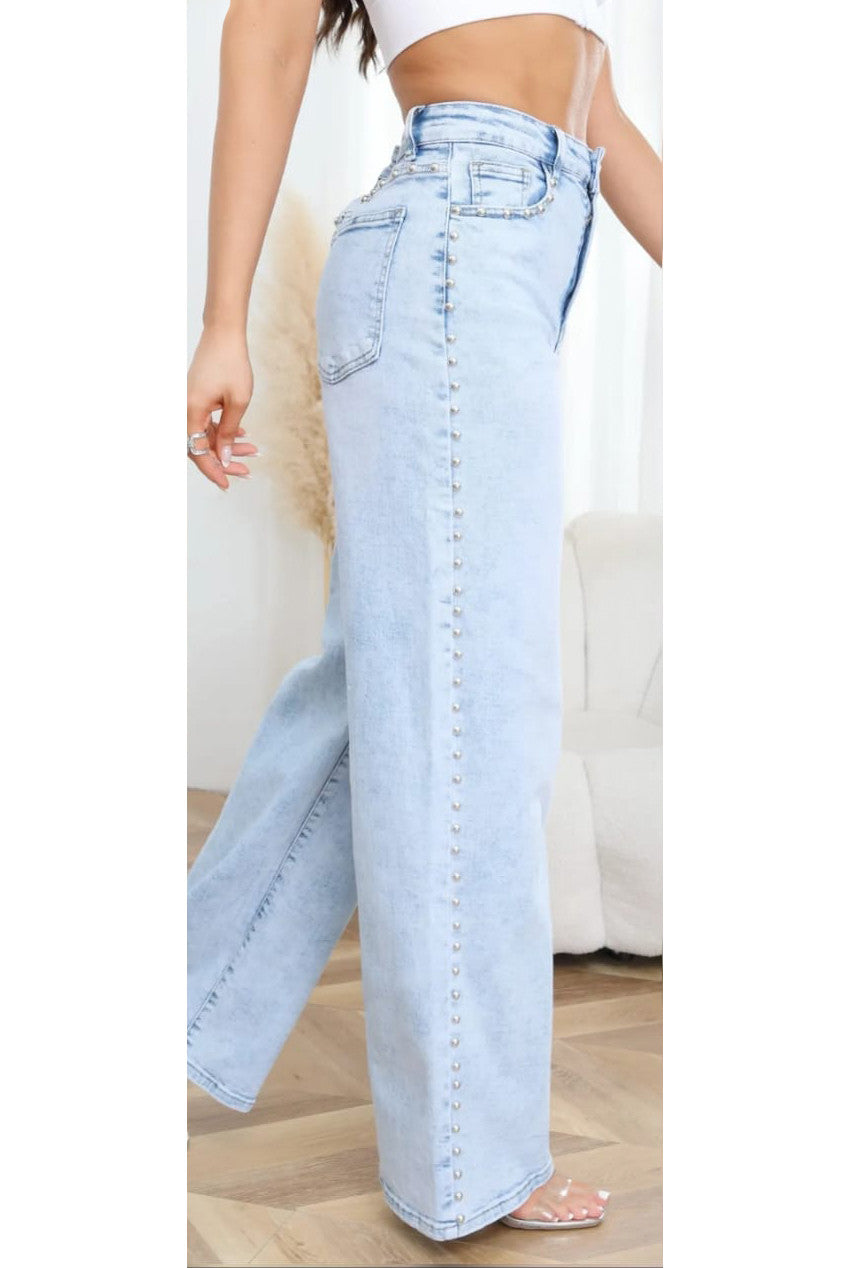 Studded Side Trim Wide Leg Jeans