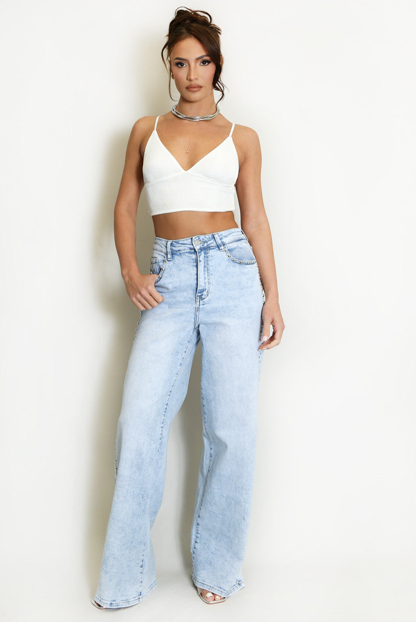 Studded Side Trim Wide Leg Jeans