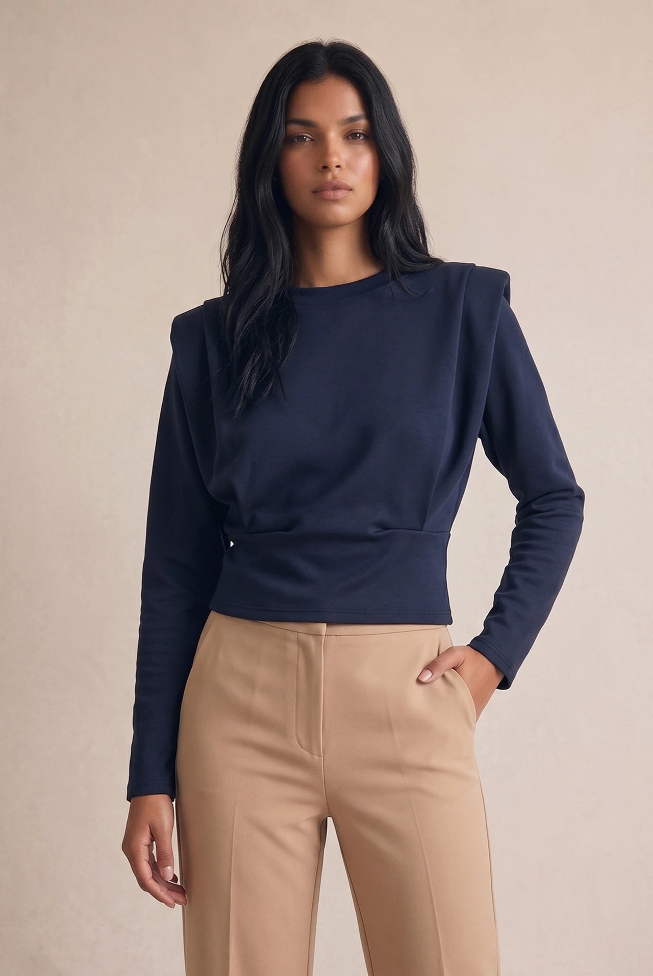 Padded Shoulders Cinched Blouse