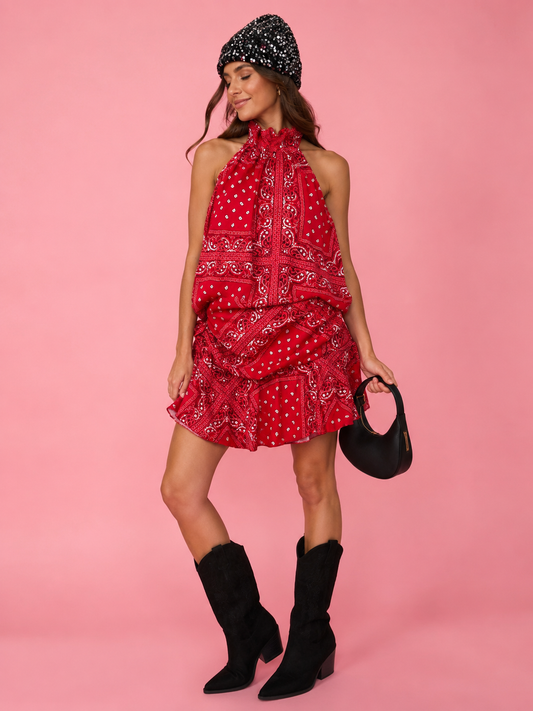 Scarf Print Halter Blouse and Flowing Skirt Set