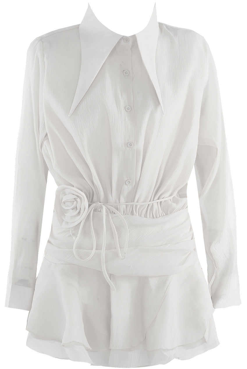 Pointed Collar Chiffon Dress with Rose Belt