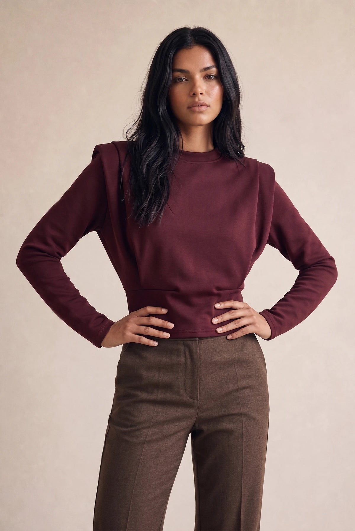 Padded Shoulders Cinched Blouse