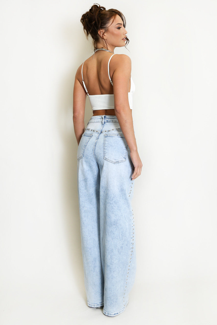 Studded Side Trim Wide Leg Jeans