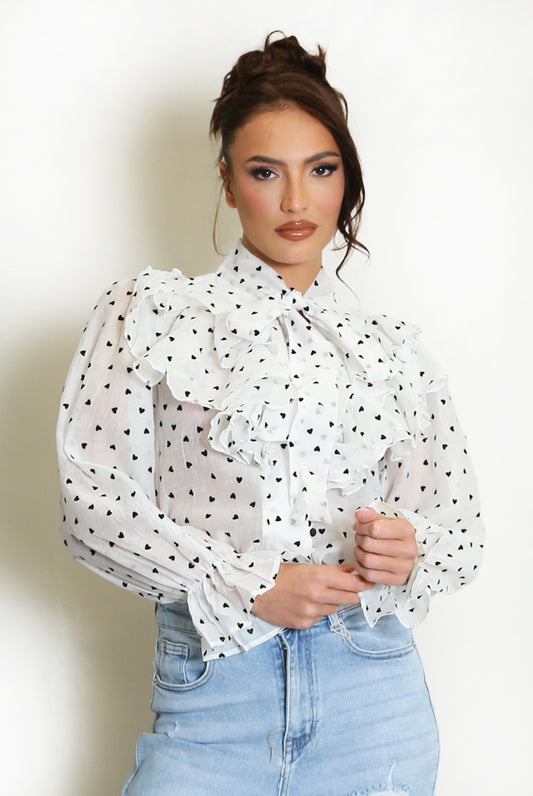 Hearts Print Tie Neck Chiffon Blouse