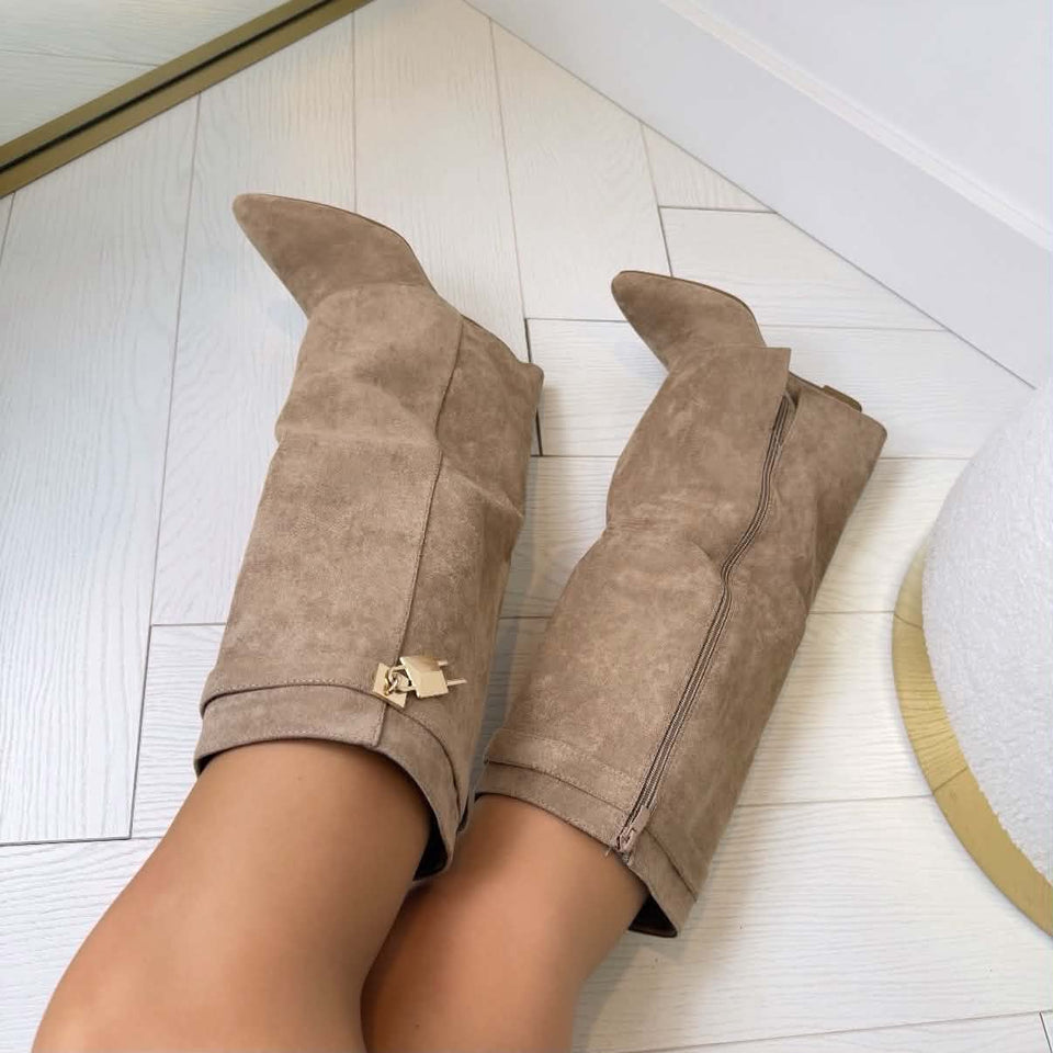 Designer Inspired Gold Lock Detail Boots