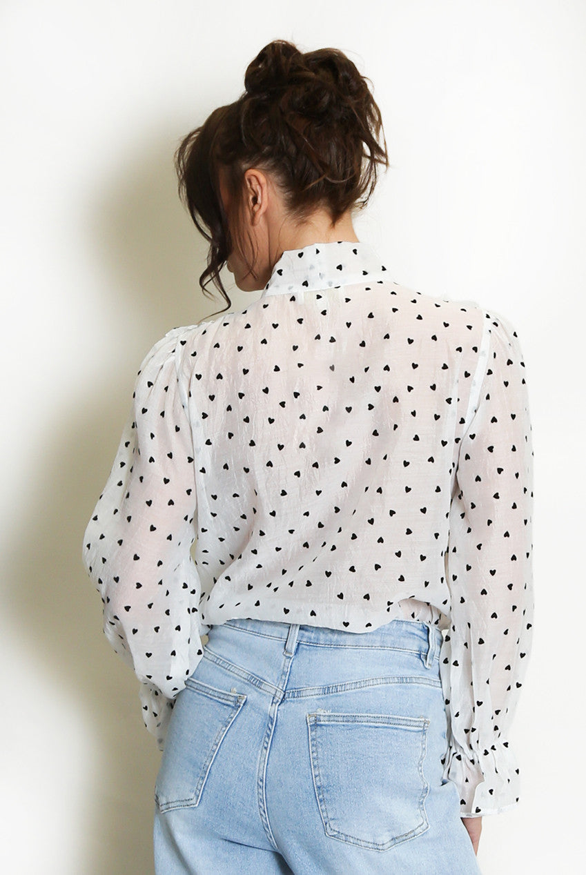 Hearts Print Tie Neck Chiffon Blouse