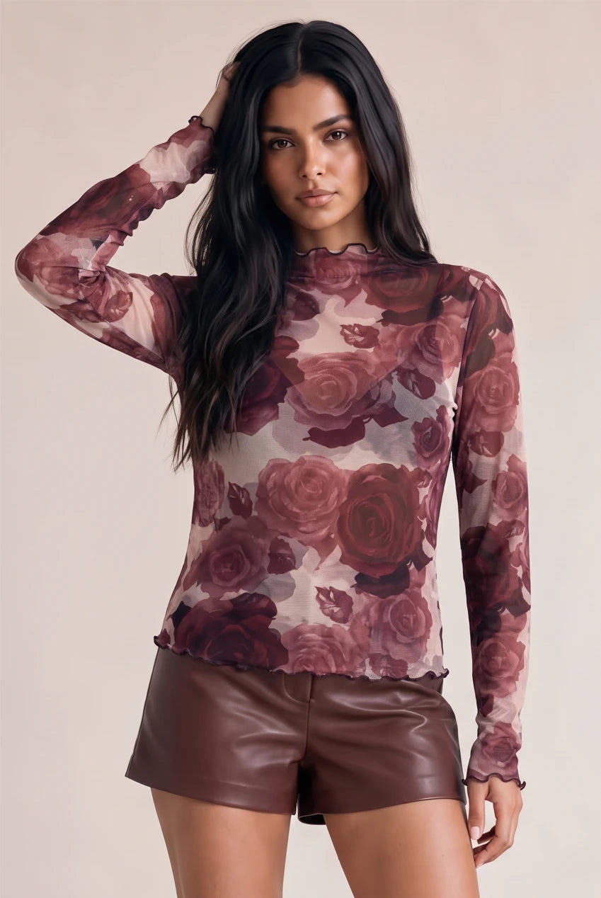 Mock Neck Floral Mesh Top